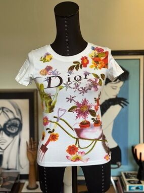 Christian Dior White Floral Logo Short Sleeve Tee